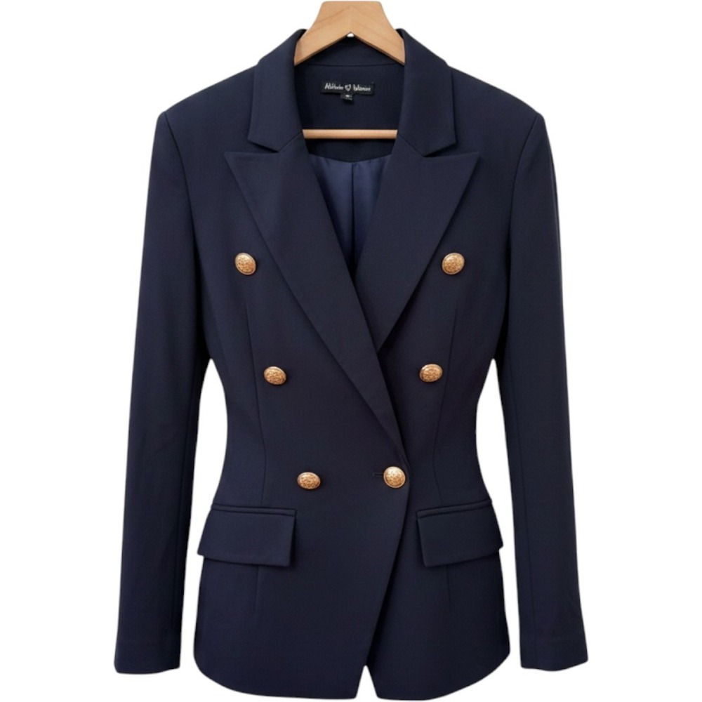 Attitude Unknown Blazer XS Navy Blue Double Breasted Gold Crest Button Tailored